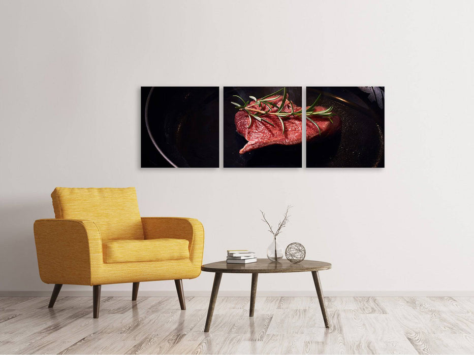 Panoramic 3-piece canvas picture Meat in the pan