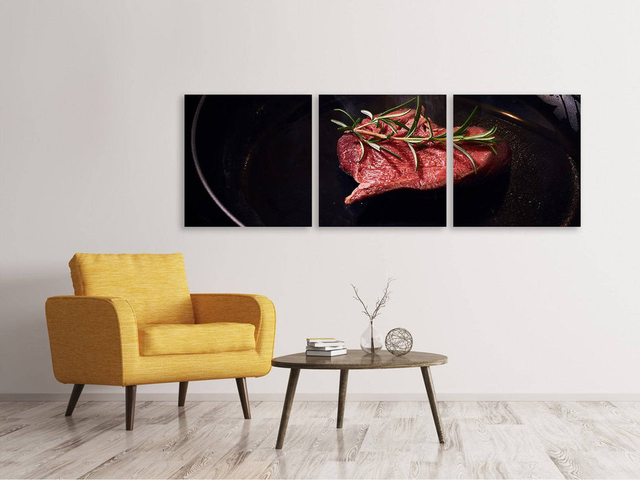 Panoramic 3-piece canvas picture Meat in the pan