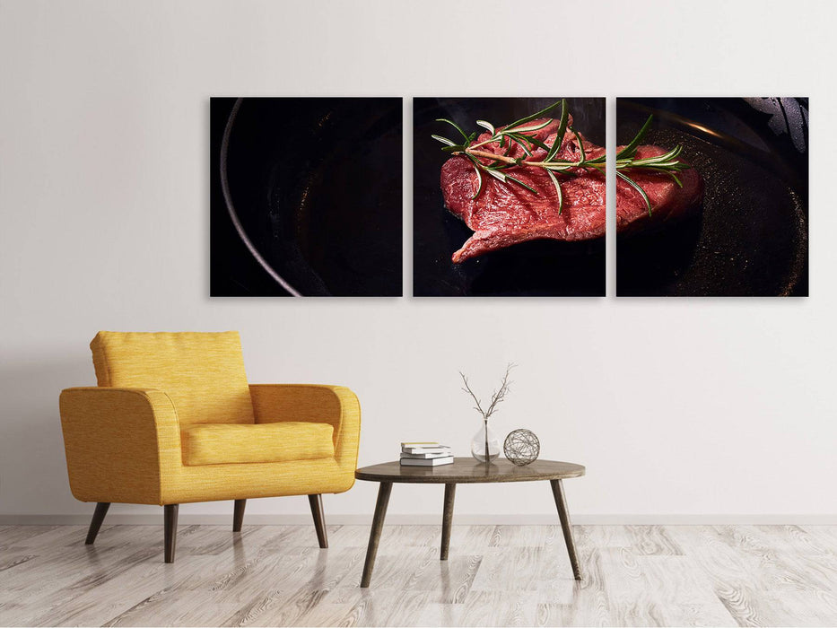 Panoramic 3-piece canvas picture Meat in the pan