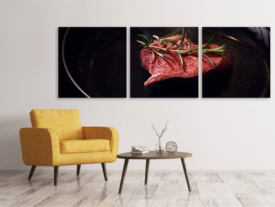 Panoramic 3-piece canvas picture Meat in the pan