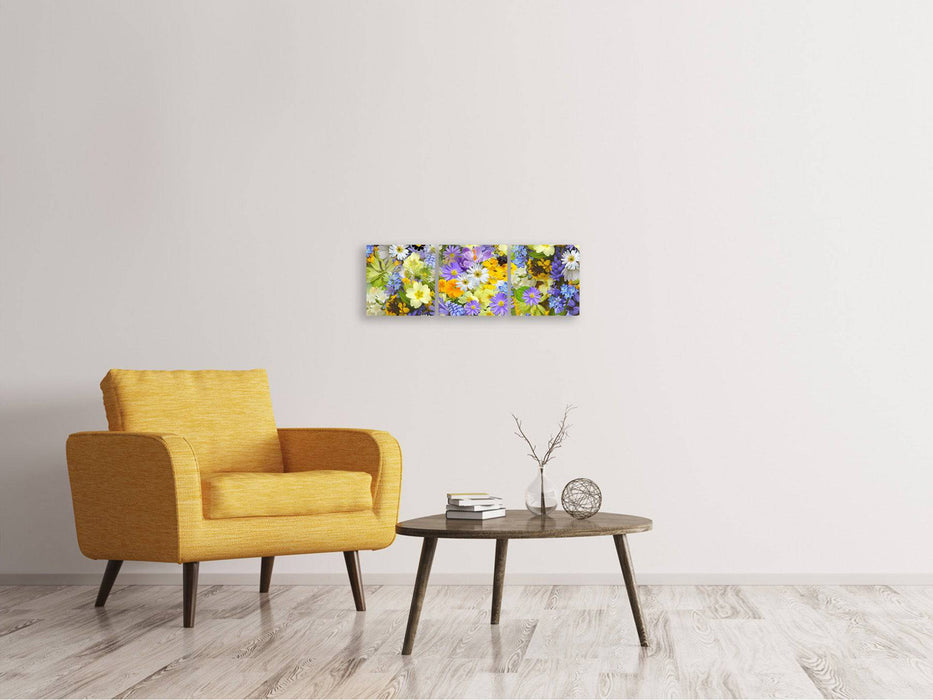 Tableau sur toile panoramique en 3 parties Fleurs printanières fraîches