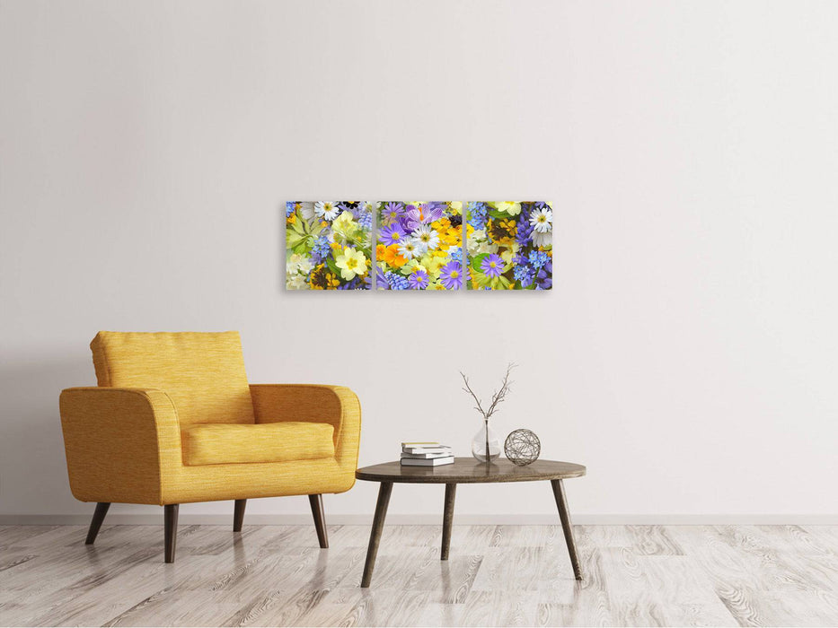 Tableau sur toile panoramique en 3 parties Fleurs printanières fraîches