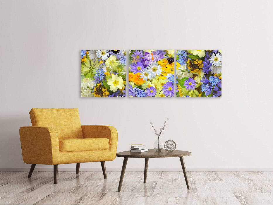 Tableau sur toile panoramique en 3 parties Fleurs printanières fraîches