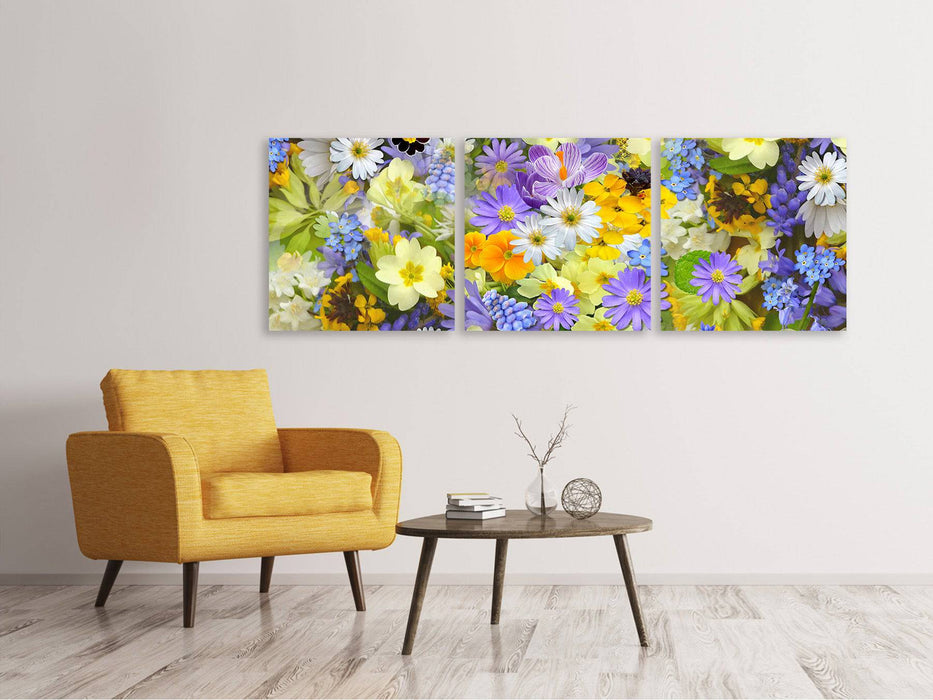 Tableau sur toile panoramique en 3 parties Fleurs printanières fraîches