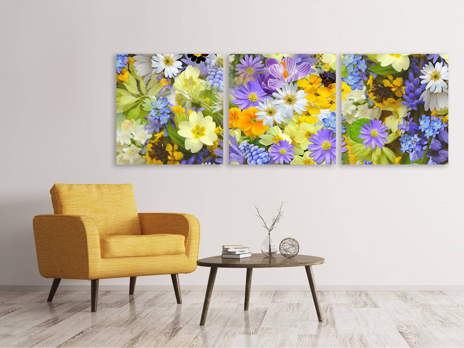 Tableau sur toile panoramique en 3 parties Fleurs printanières fraîches