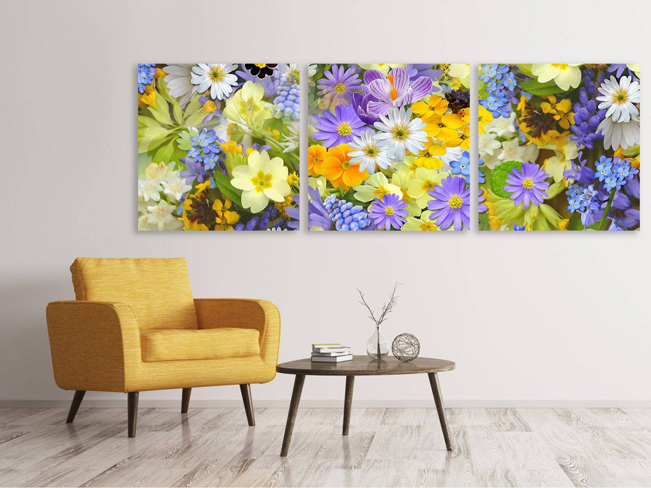 Tableau sur toile panoramique en 3 parties Fleurs printanières fraîches