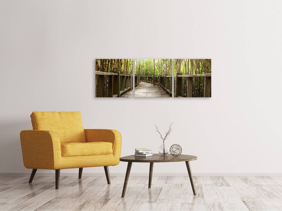 Panoramic 3-piece canvas picture Wooden Bridge