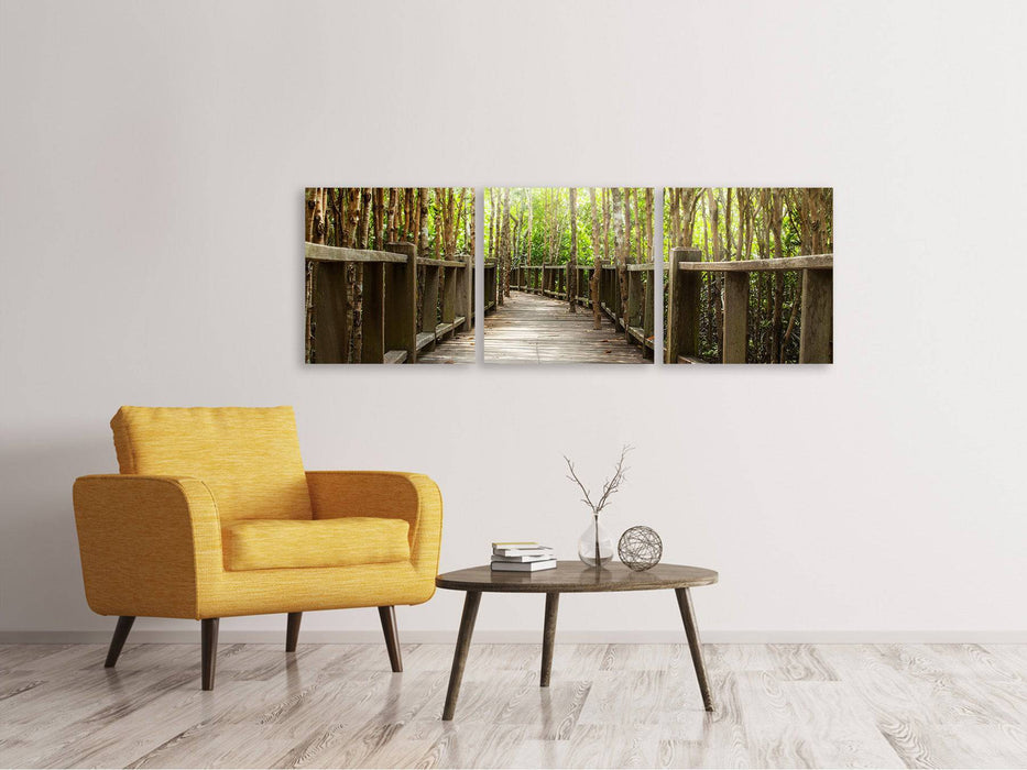 Panoramic 3-piece canvas picture Wooden Bridge