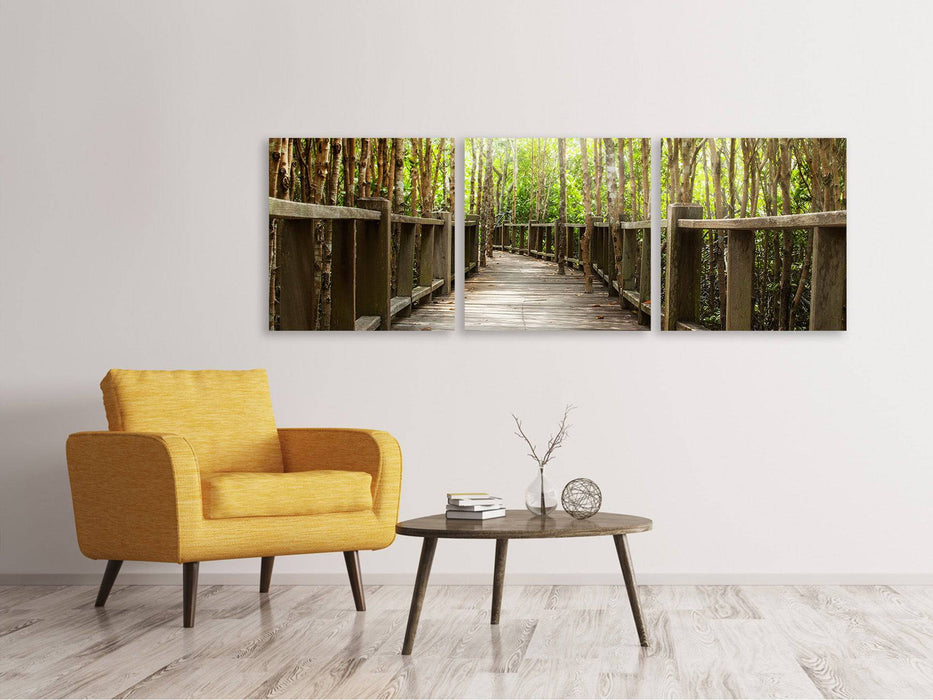 Panoramic 3-piece canvas picture Wooden Bridge