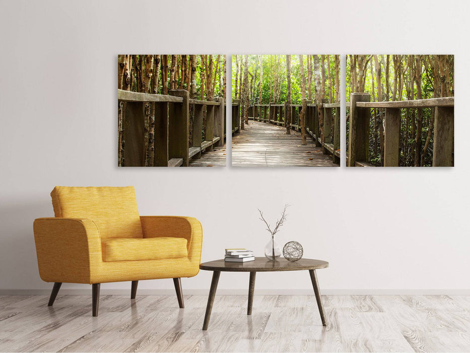 Panoramic 3-piece canvas picture Wooden Bridge