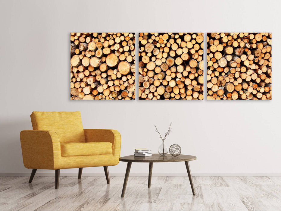 Panoramic 3-piece canvas picture of wooden trunks