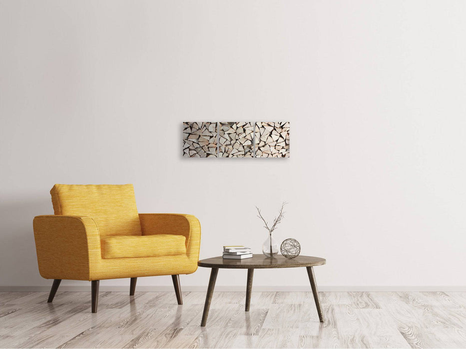 Tableau panoramique sur toile en 3 parties, pile de bois