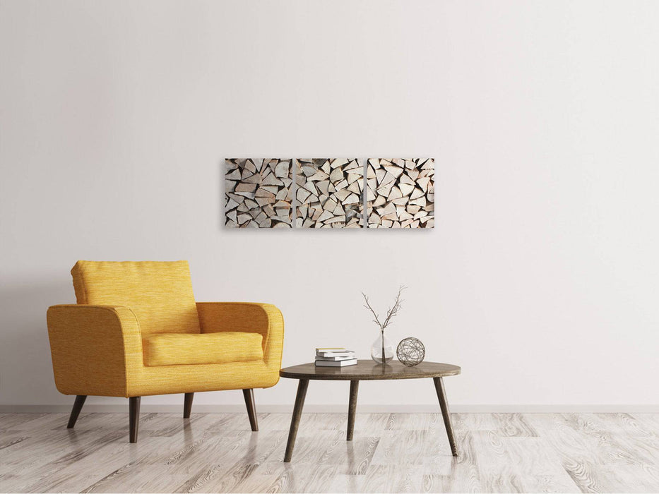 Tableau panoramique sur toile en 3 parties, pile de bois