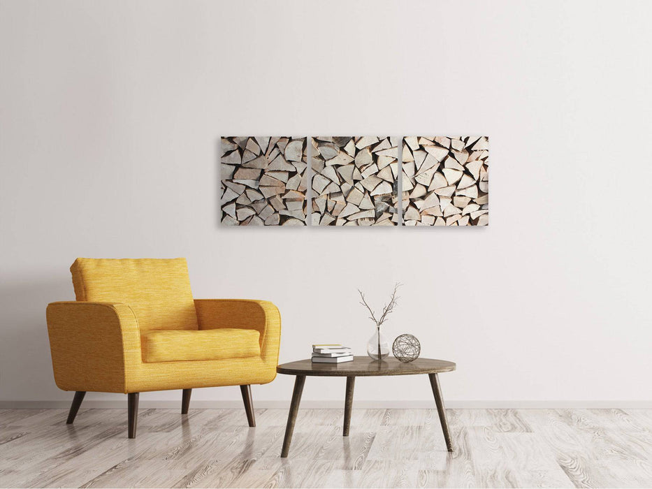 Tableau panoramique sur toile en 3 parties, pile de bois