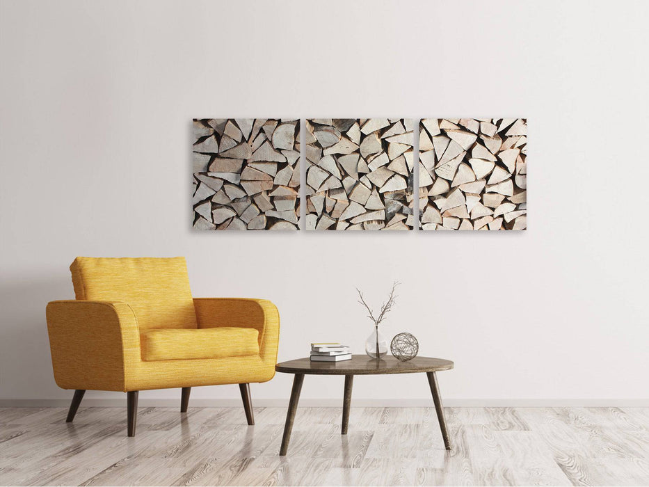 Tableau panoramique sur toile en 3 parties, pile de bois