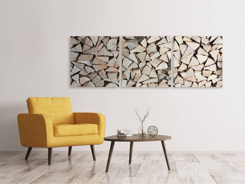 Tableau panoramique sur toile en 3 parties, pile de bois