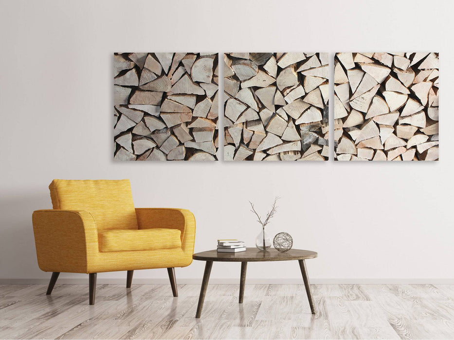 Tableau panoramique sur toile en 3 parties, pile de bois