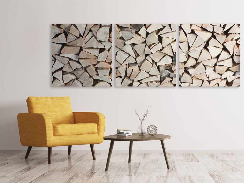 Tableau panoramique sur toile en 3 parties, pile de bois