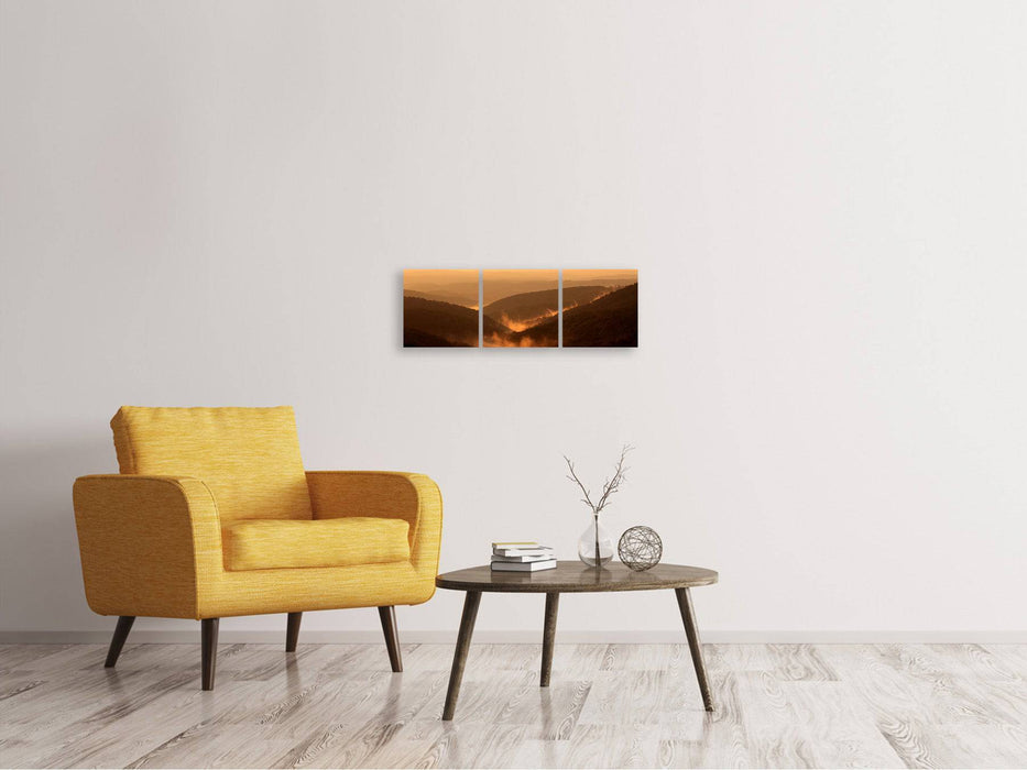 Panoramic 3-piece canvas picture lighting atmosphere in the mountains