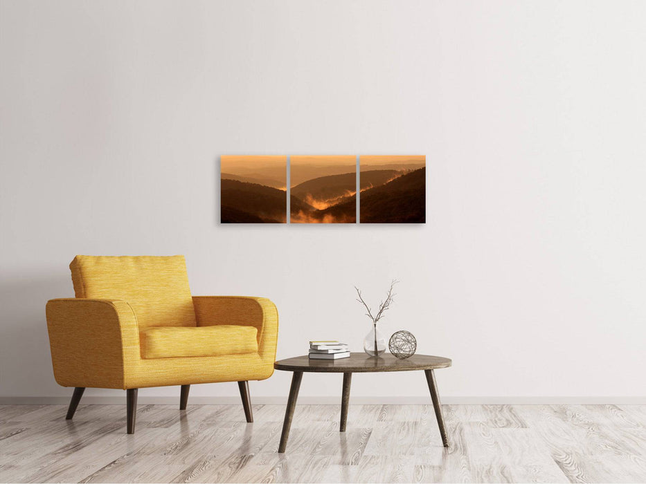 Panoramic 3-piece canvas picture lighting atmosphere in the mountains