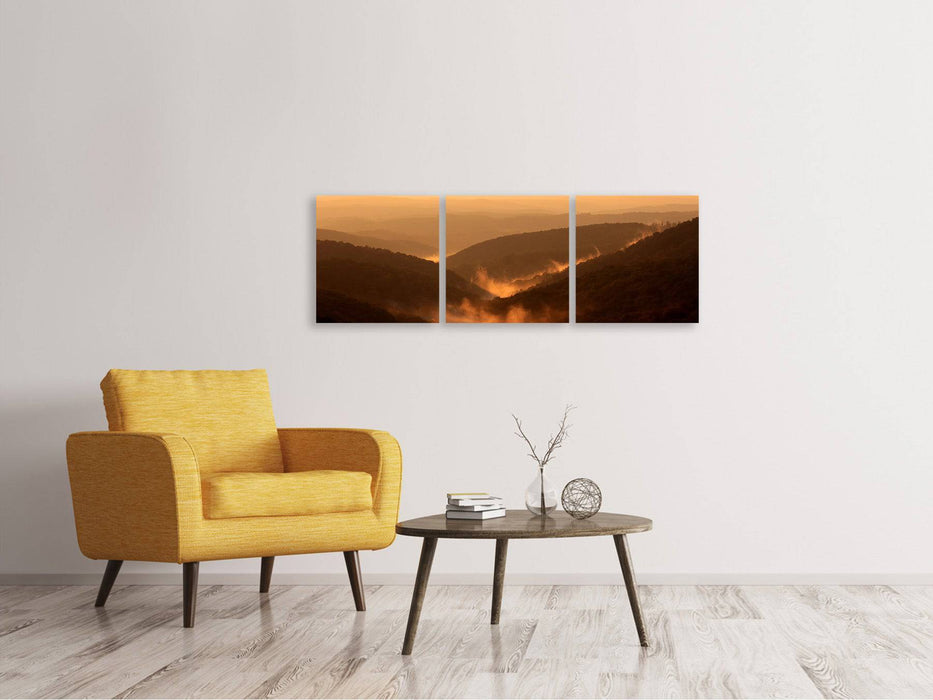 Panoramic 3-piece canvas picture lighting atmosphere in the mountains