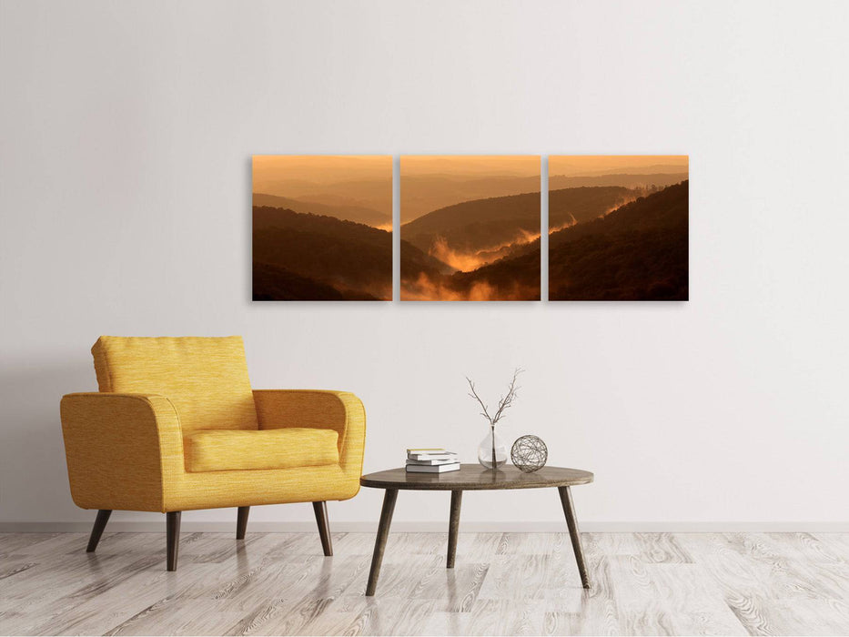 Panoramic 3-piece canvas picture lighting atmosphere in the mountains