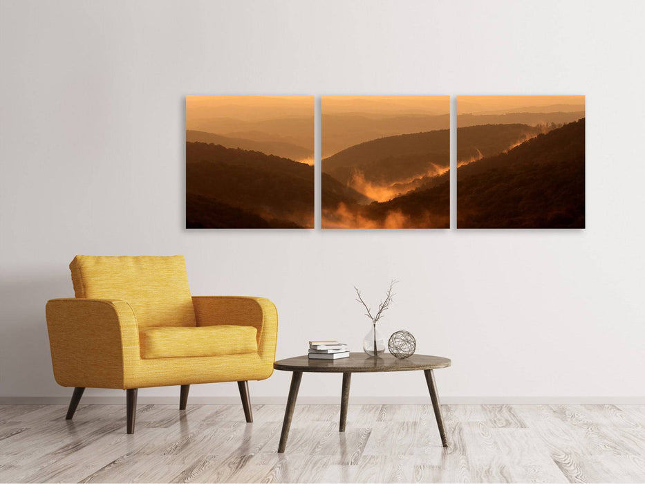 Panoramic 3-piece canvas picture lighting atmosphere in the mountains