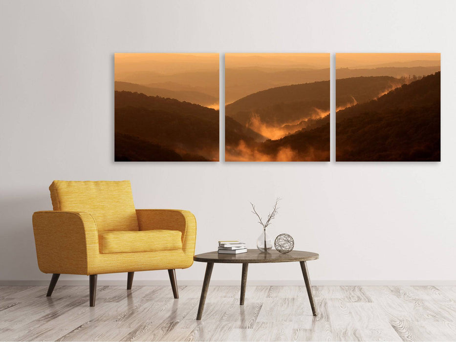 Panoramic 3-piece canvas picture lighting atmosphere in the mountains