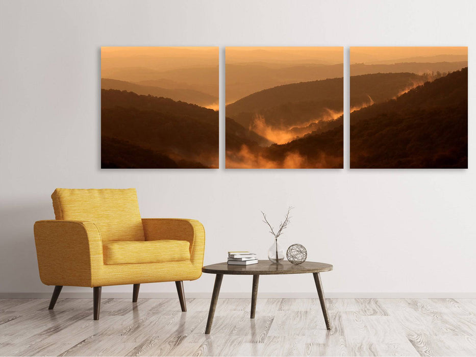 Panoramic 3-piece canvas picture lighting atmosphere in the mountains