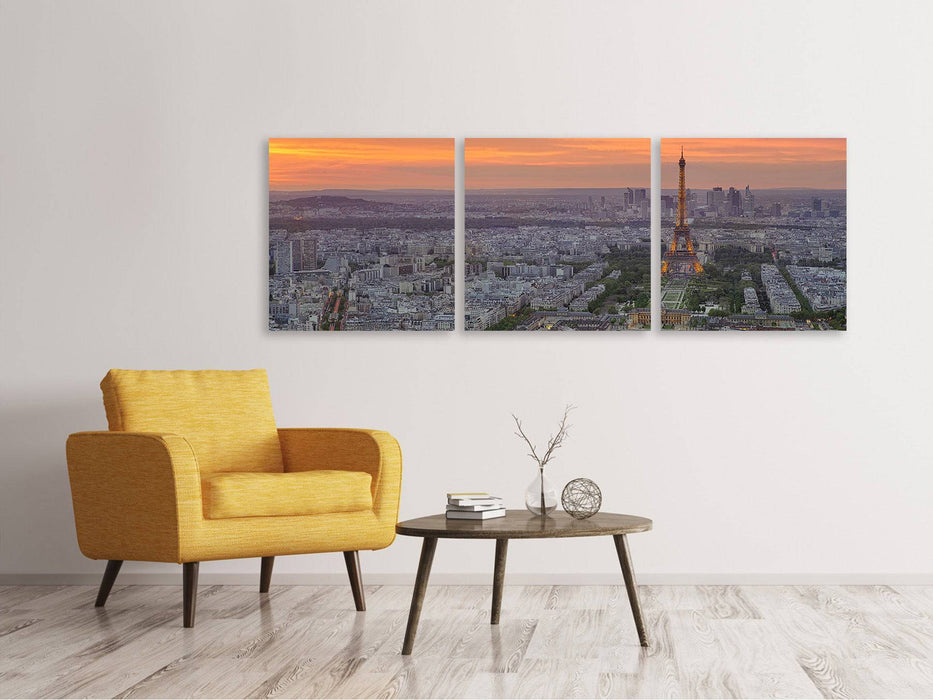 Panorama Leinwandbild 3-teilig Skyline Paris bei Sonnenuntergang