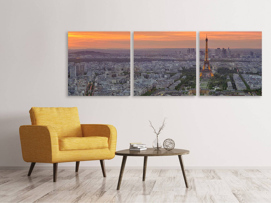 Panorama Leinwandbild 3-teilig Skyline Paris bei Sonnenuntergang