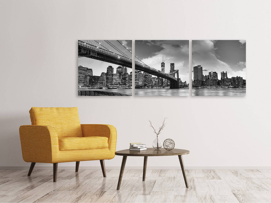 Panorama Leinwandbild 3-teilig Skyline Schwarzweissfotografie Brooklyn Bridge NY