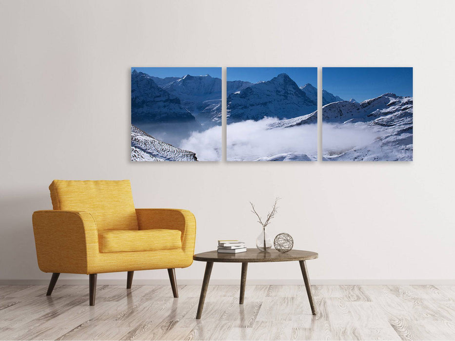 Panoramic 3-piece canvas picture Sun terrace in the Swiss Alps