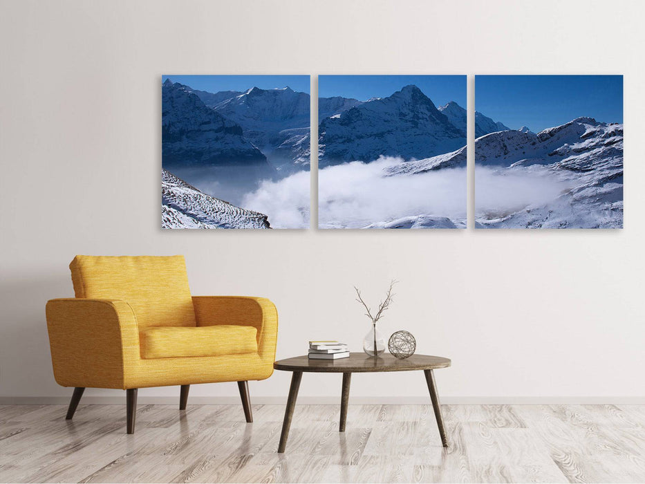 Panoramic 3-piece canvas picture Sun terrace in the Swiss Alps