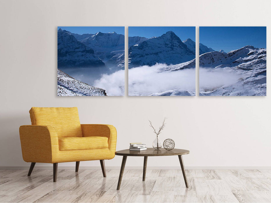 Panoramic 3-piece canvas picture Sun terrace in the Swiss Alps