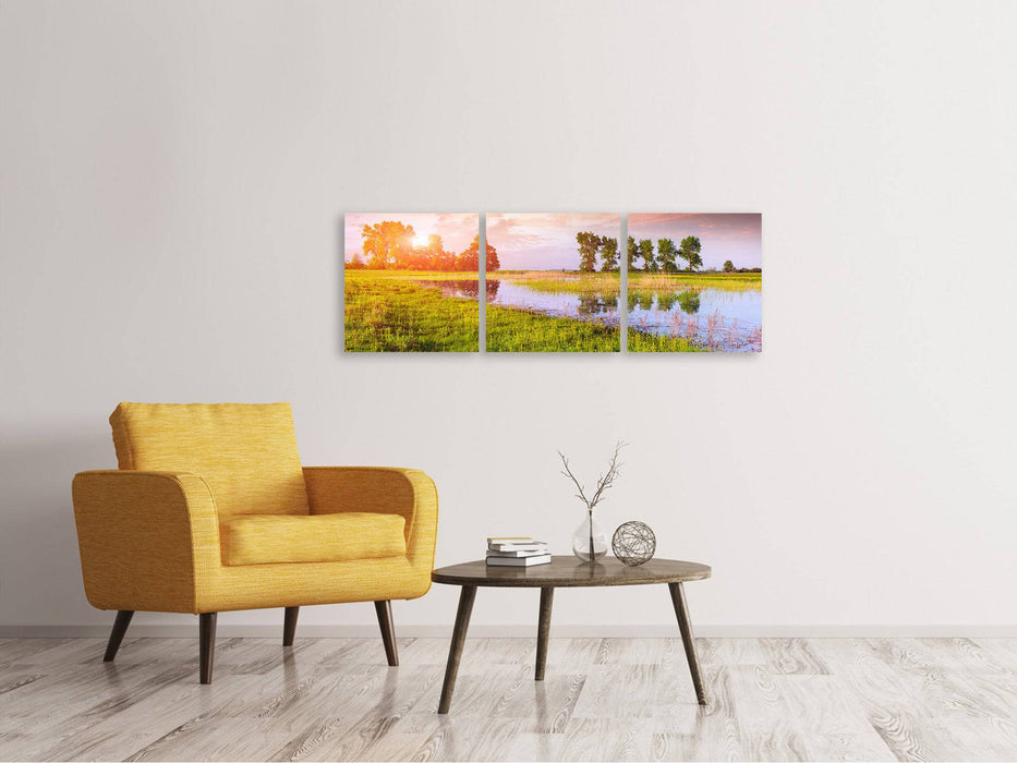 Panoramic 3-piece canvas picture Sunset at the lake