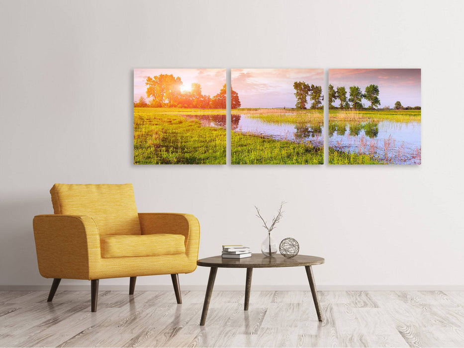 Panoramic 3-piece canvas picture Sunset at the lake