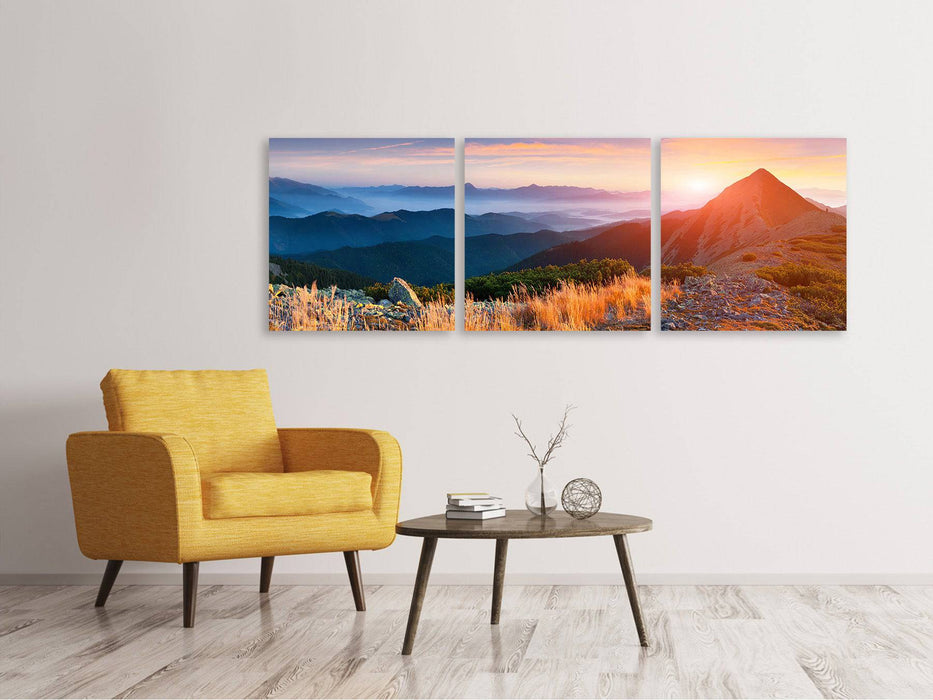 Panoramic 3-piece canvas picture Sunset in the Alps