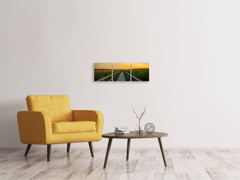 Panoramic 3-piece canvas print Sunset in the fields