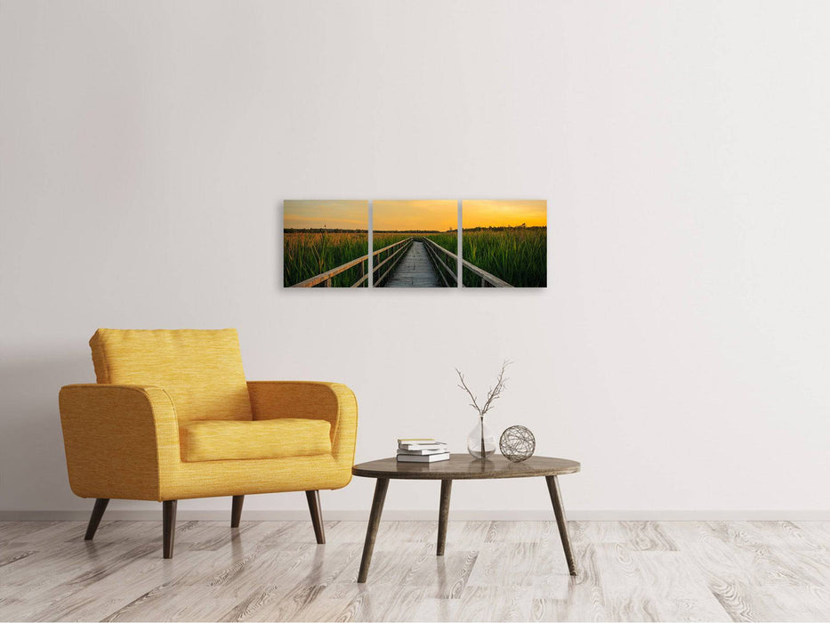 Panoramic 3-piece canvas print Sunset in the fields