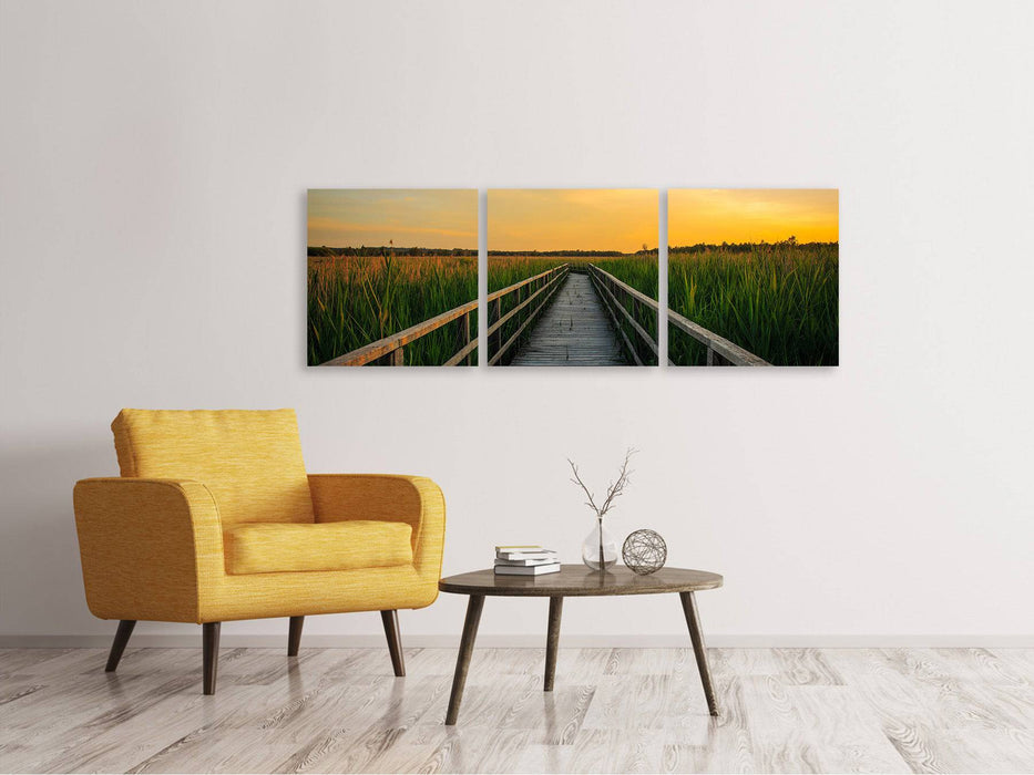 Panoramic 3-piece canvas print Sunset in the fields