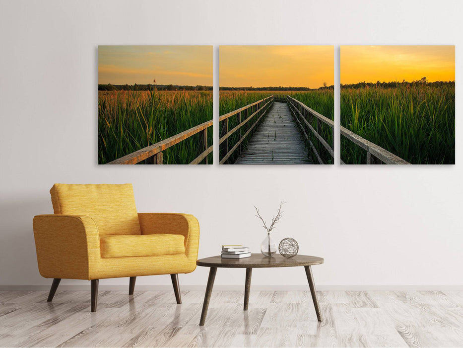 Panoramic 3-piece canvas print Sunset in the fields