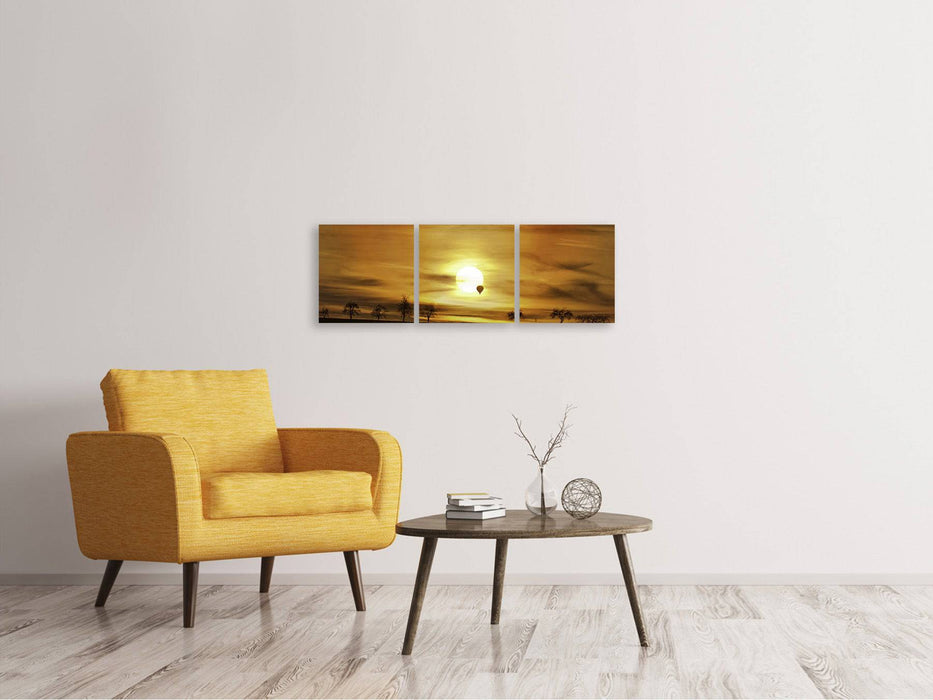 Panoramic 3-piece canvas picture sunset with hot air balloon