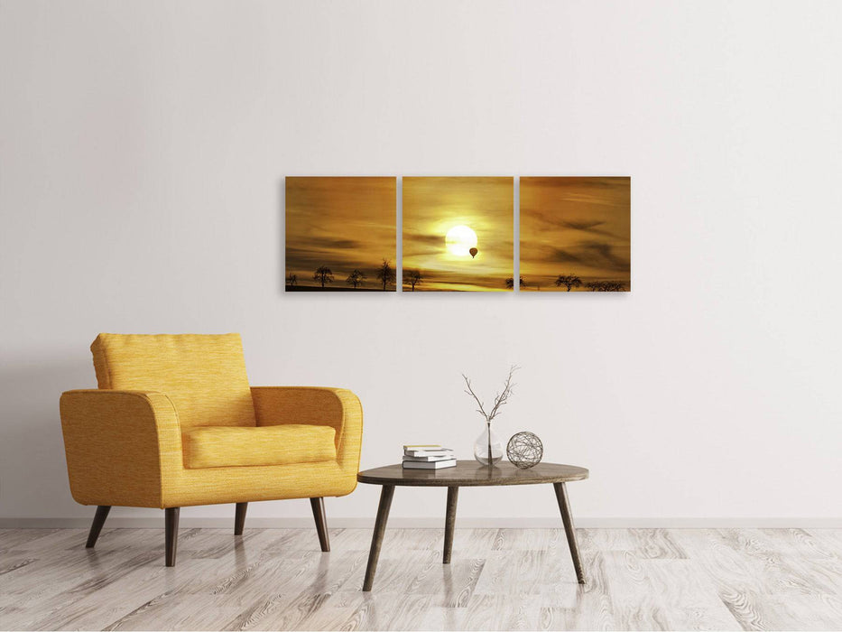 Panoramic 3-piece canvas picture sunset with hot air balloon