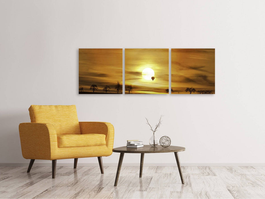 Panoramic 3-piece canvas picture sunset with hot air balloon