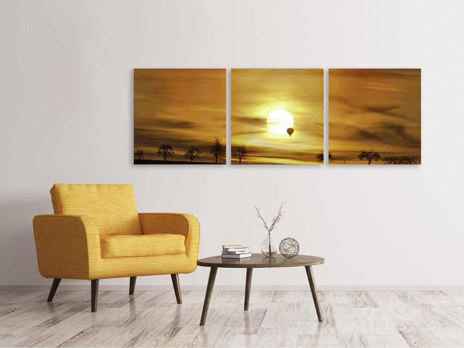 Panoramic 3-piece canvas picture sunset with hot air balloon