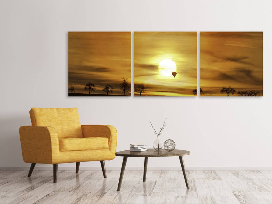 Panoramic 3-piece canvas picture sunset with hot air balloon