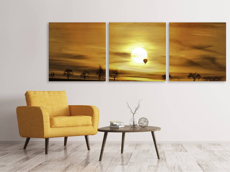 Panoramic 3-piece canvas picture sunset with hot air balloon