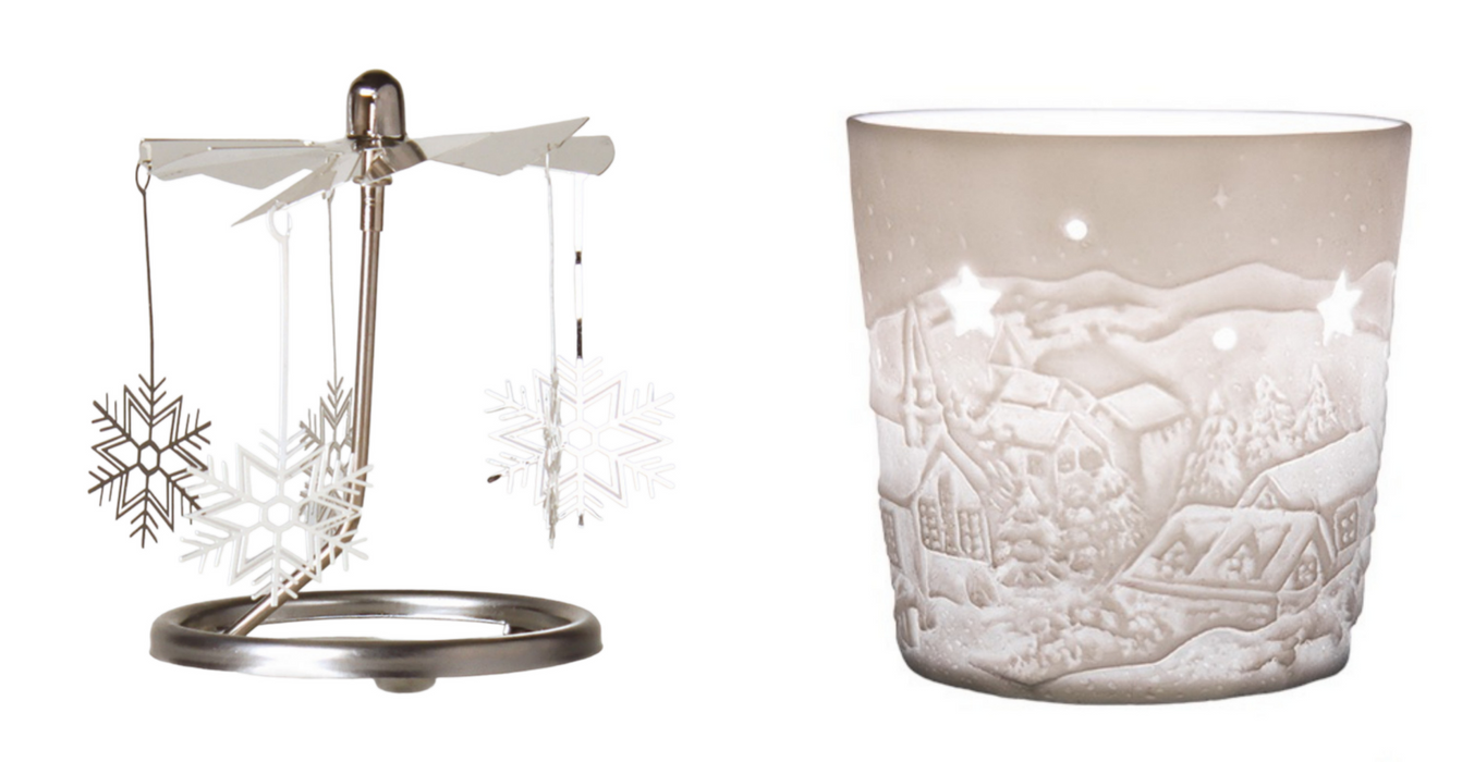 High-quality tea light lantern carousel model "WINTER NIGHT", translucent bisque porcelain, propeller with snowflakes, 6 x 6 x 17 cm, ideal as a gift or home