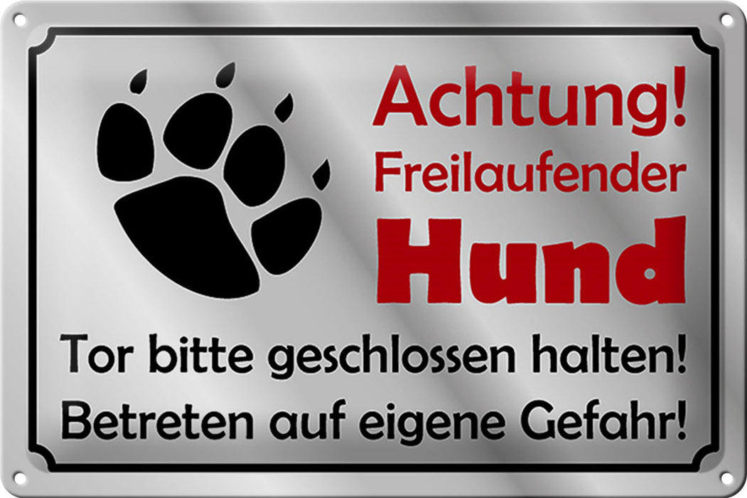 Blechschild Achtung 30x20cm freilaufender Hund Gefahr Deko Schild